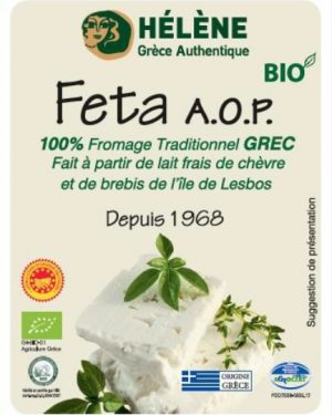 Feta grecque biologique AOP sous-vide 180g faite à partir de lait frais de chèvre et de brebis de l'île de Lesbos.
