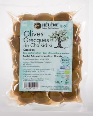 Olives biologiques grecques de Chalkidiki cassées faibles en sel. Sans pasteurisation, ni additifs. Produit artisanal grec