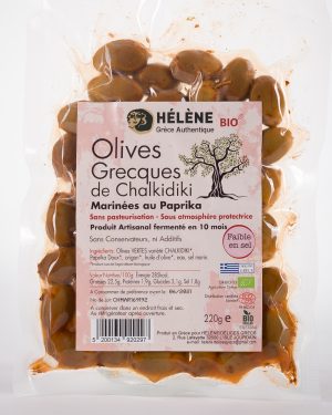 Olives biologiques grecques de Chalkidiki marinée au paprika. Sans conservateur ni additif. Produit artisanal Grec. Faible en sel