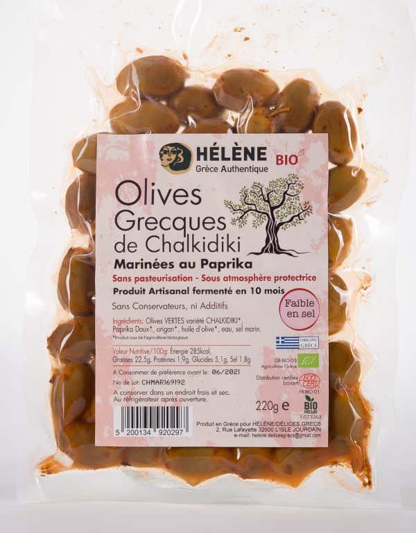 Olives biologiques grecques de Chalkidiki marinée au paprika. Sans conservateur ni additif. Produit artisanal Grec. Faible en sel
