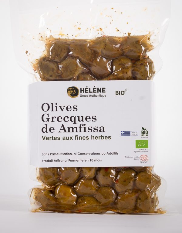 Olives Grecques de Amfissa biologiques vertes aux fines herbes